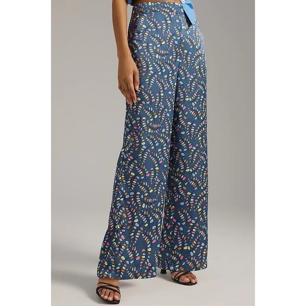 Stella Nova Orli Satin Pants Size 36 Leaf Print Wide Leg Anthropologie